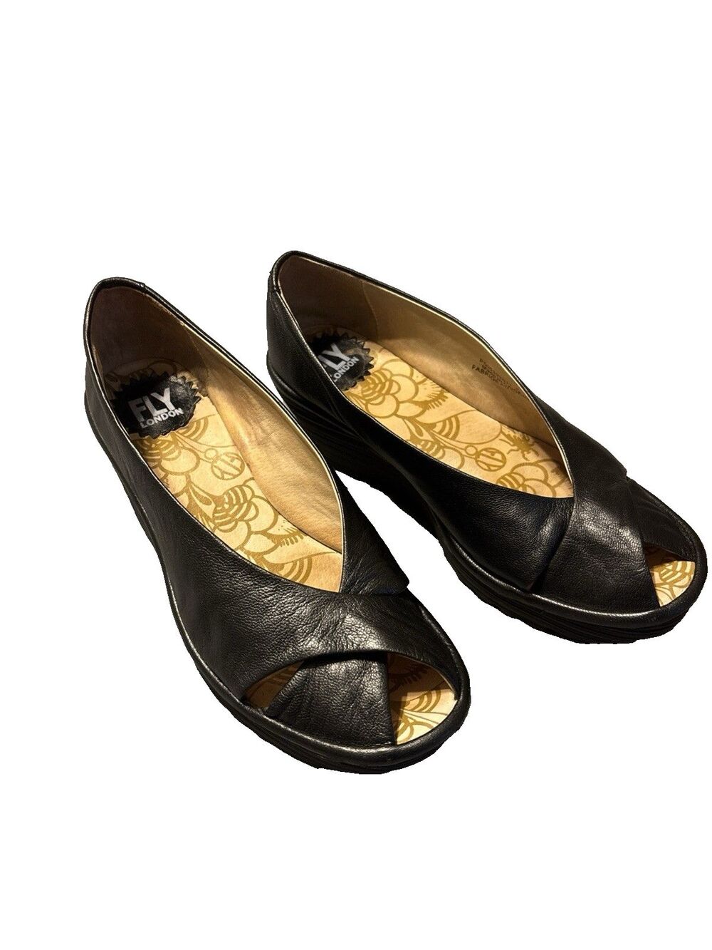 Fly London YAFF Black Peep Toe Wedge  Shoes Size 38 (US 7.5/8)